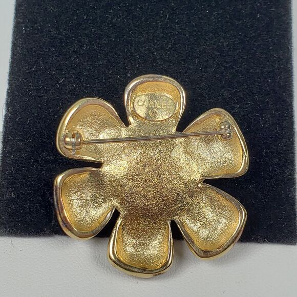 Vintage Carolee Bronze/Pink Daisy Enamel Pearl Rhinestone Gold Tone Brooch - Picture 9 of 9